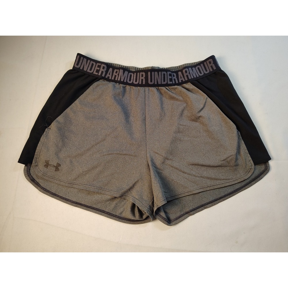 Under Armour Womens Athletic Shorts Sz S Gray Blck Colorblock Logo Waistband Gym